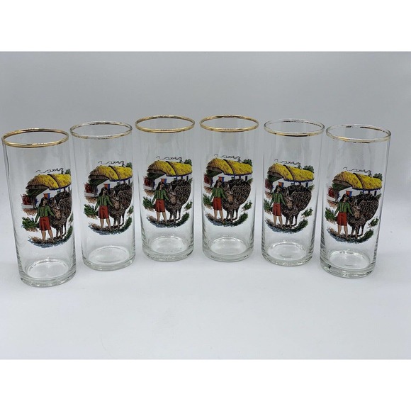 Vintage MCM Barware Water Cocktail Highball Glasses Donkey Villager Motif Set 6